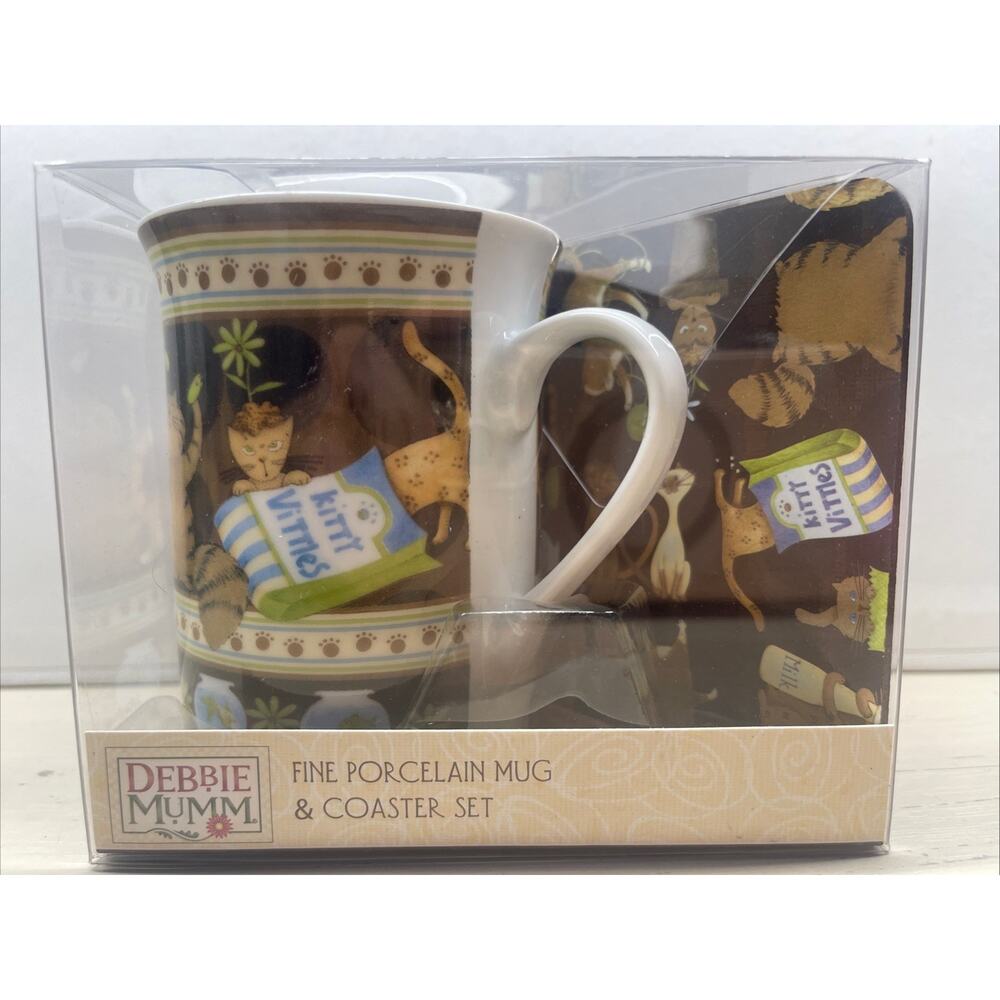 Debbie Mumm Kitty Cat Porcelain Mug, 8 oz. Brown & White, With Coaster